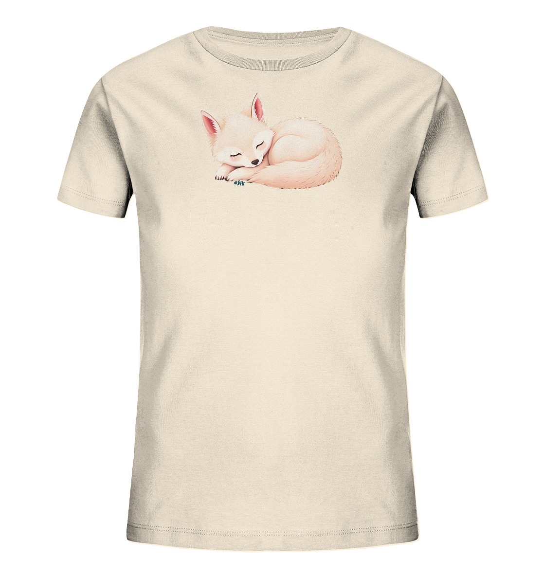 Onlineshop Shirts fuer Kinder - Das Bild zeigt ein beiges Kinder-T-Shirt aus Bio-Baumwolle. Auf der Vorderseite ist eine detailreiche Illustration eines schlafenden Fuchses zu sehen. Der Fuchs ist hellrosa oder cremefarben dargestellt, eingerollt mit geschlossenen Augen. Das Design wirkt sehr friedlich und sanft, ideal fuer ein Kinderkleidungsstueck.