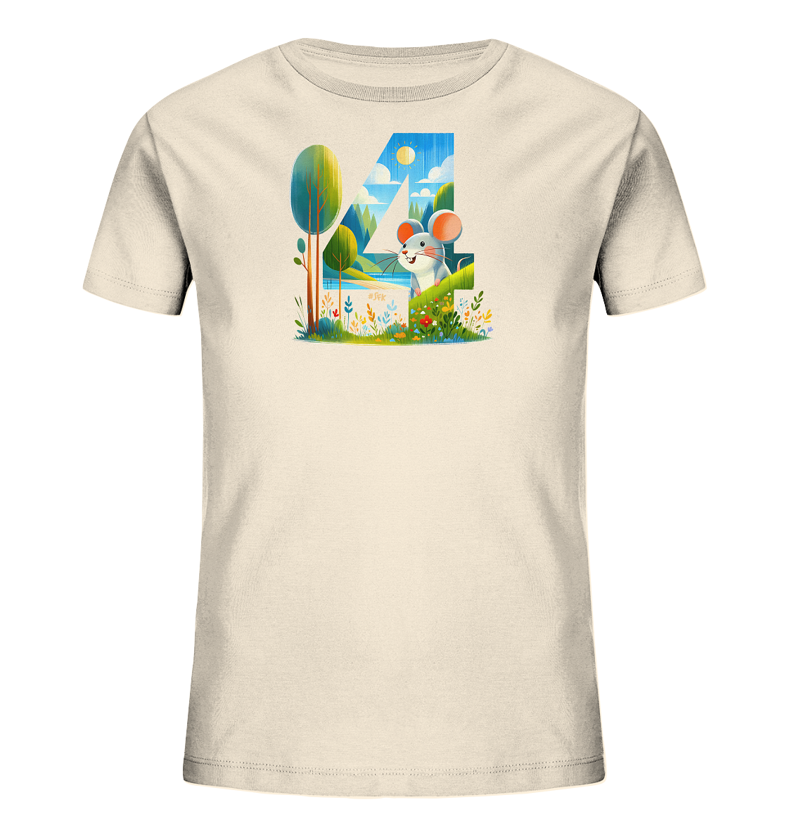 Onlineshop Shirts fuer Kinder - Dieses hellbeige T-Shirt zeigt eine farbenfrohe Illustration, bei der die Zahl Vier eine Naturlandschaft einrahmt. Die Szene umfasst gruene Huegel, Baeume, Wasser, Berge, einen sonnigen Himmel und bunte Blumen im Vordergrund. Eine niedliche, laechelnde Maus sitzt inmitten der Blumen und blickt nach vorne. Das verspielte Design kombiniert Zahl und Natur auf kreative Weise.