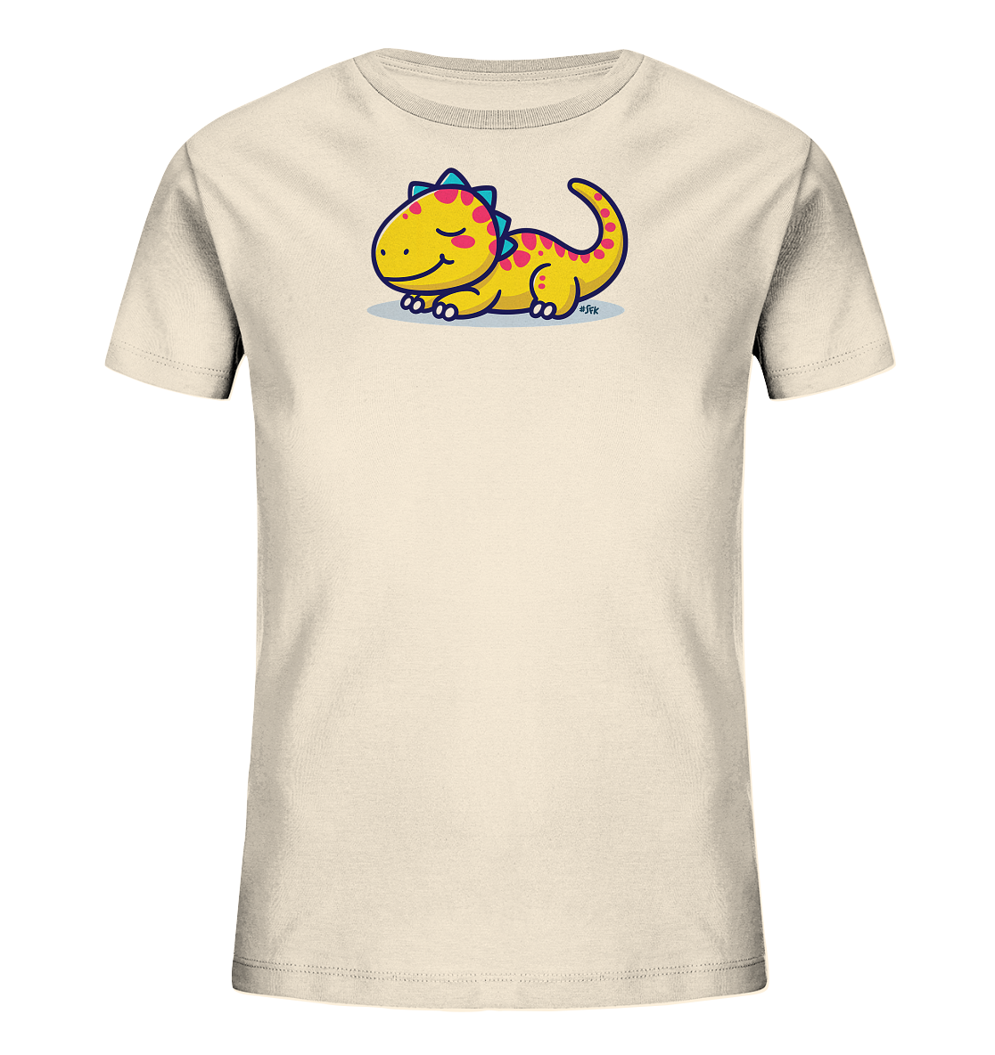 Onlineshop Shirts fuer Kinder - Das Bild zeigt ein cremefarbenes Kinder-T-Shirt mit einem niedlichen gelben Dinosaurier-Motiv auf der Vorderseite. Der Dinosaurier liegt friedlich mit geschlossenen Augen da und laechelt sanft. Er besitzt blaue Stacheln entlang des Rueckens und rosa Tupfen auf seinem Koerper. Das gesamte Design vermittelt einen verspielten und freundlichen Eindruck, ideal fuer Kinder.
