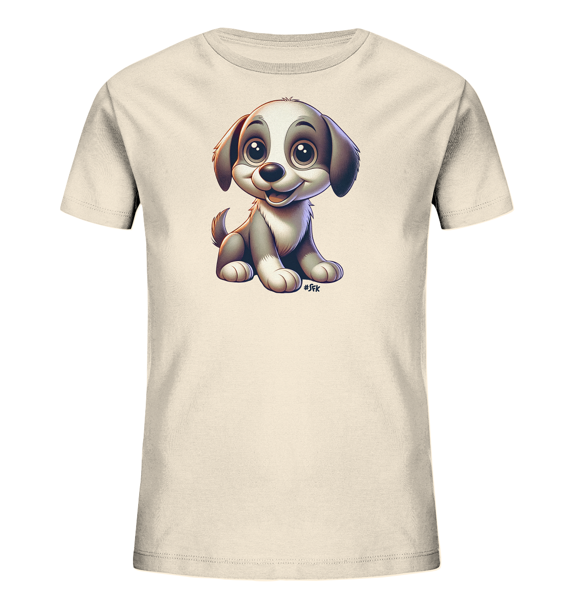 Onlineshop Shirts fuer Kinder - Dieses Bild praesentiert ein hellbeiges Kinder-T-Shirt mit einer bezaubernden Illustration eines kleinen Hundewelpen. Der Cartoon-Welpe sitzt aufrecht und hat grosse, ausdrucksstarke Augen sowie ein freundliches Laecheln. Sein Fell ist in Grautoenen und Weiss gehalten. Das niedliche Design verleiht dem Shirt einen liebevollen und verspielten Look, ideal fuer junge Hundefreunde.