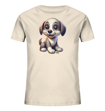 Onlineshop Shirts fuer Kinder - Dieses Bild praesentiert ein hellbeiges Kinder-T-Shirt mit einer bezaubernden Illustration eines kleinen Hundewelpen. Der Cartoon-Welpe sitzt aufrecht und hat grosse, ausdrucksstarke Augen sowie ein freundliches Laecheln. Sein Fell ist in Grautoenen und Weiss gehalten. Das niedliche Design verleiht dem Shirt einen liebevollen und verspielten Look, ideal fuer junge Hundefreunde.