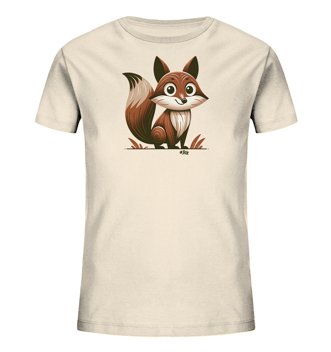 Onlineshop Shirts fuer Kinder - Das Bild zeigt ein beigefarbenes Kinder-T-Shirt mit einem niedlichen Cartoon-Fuchs auf der Vorderseite. Der Fuchs sitzt mit grossen Augen und einem Laecheln, umgeben von kleinen Grashalmen. Das Design ist farbenfroh und kindgerecht gestaltet.