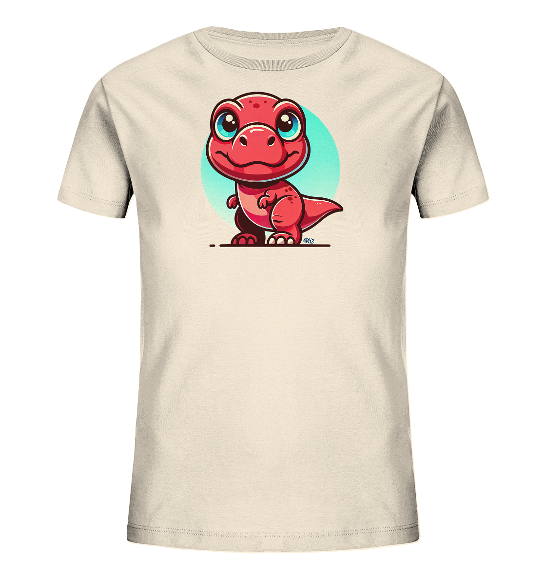 Onlineshop Shirts fuer Kinder - Das Bild zeigt ein hellbeiges Kinder-T-Shirt mit einem farbenfrohen Aufdruck. Zu sehen ist ein niedlicher, roter Cartoon-Dinosaurier mit grossen blauen Augen. Der kleine Dinosaurier steht vor einem hellblauen Kreis, was dem Design einen froehlichen Akzent verleiht. Das Motiv ist verspielt und ansprechend fuer Kinder gestaltet.