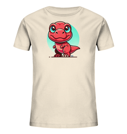 Onlineshop Shirts fuer Kinder - Das Bild zeigt ein hellbeiges Kinder-T-Shirt mit einem farbenfrohen Aufdruck. Zu sehen ist ein niedlicher, roter Cartoon-Dinosaurier mit grossen blauen Augen. Der kleine Dinosaurier steht vor einem hellblauen Kreis, was dem Design einen froehlichen Akzent verleiht. Das Motiv ist verspielt und ansprechend fuer Kinder gestaltet.