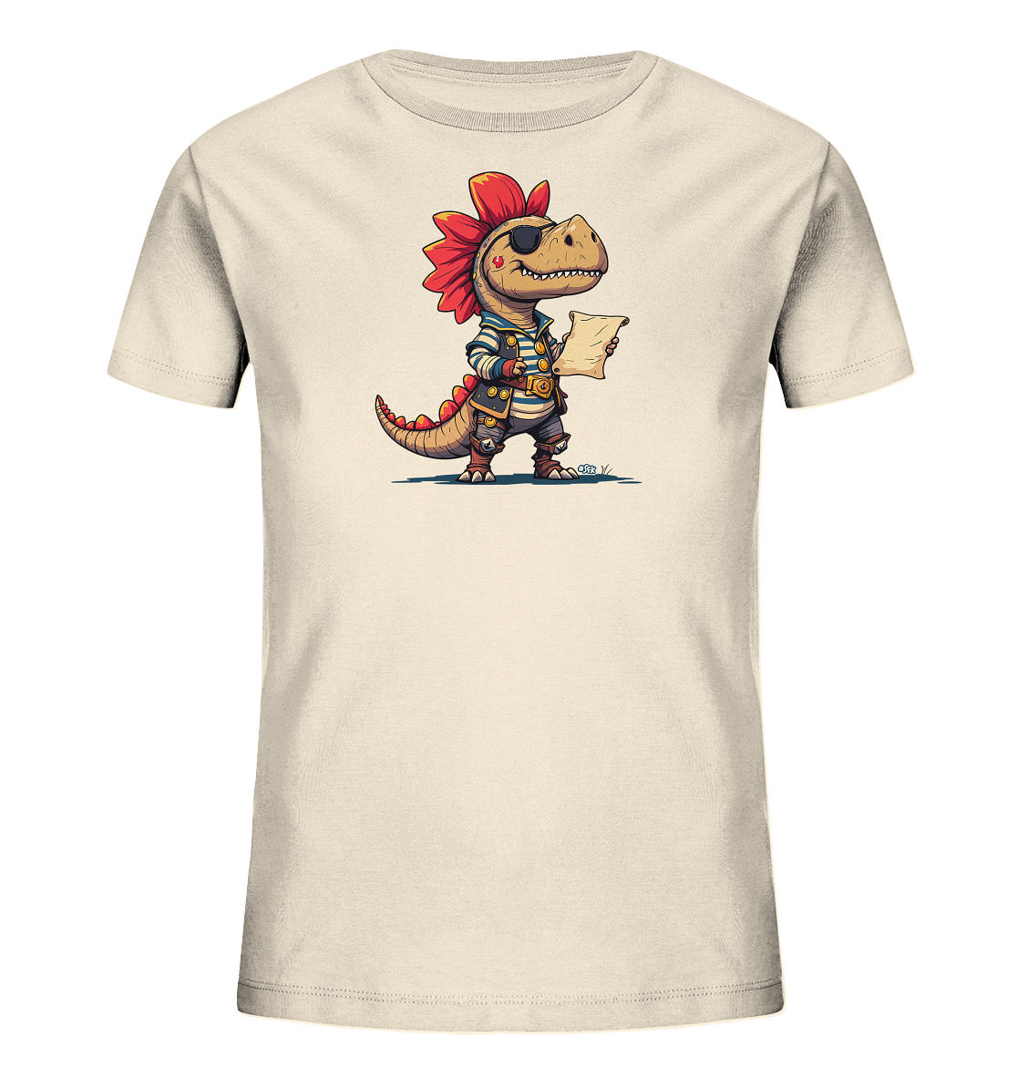 Onlineshop Shirts fuer Kinder - Das Bild zeigt ein helles Kinder-T-Shirt mit einem farbigen Druck eines cartoonhaften Dinosauriers. Der Dinosaurier ist als Pirat verkleidet, traegt eine Augenklappe und haelt eine gerollte Karte. Das Motiv ist detailreich gestaltet mit roten Stacheln und einer gestreiften Weste. Es verleiht dem Shirt einen abenteuerlichen Look.