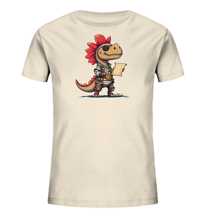 Onlineshop Shirts fuer Kinder - Das Bild zeigt ein helles Kinder-T-Shirt mit einem farbigen Druck eines cartoonhaften Dinosauriers. Der Dinosaurier ist als Pirat verkleidet, traegt eine Augenklappe und haelt eine gerollte Karte. Das Motiv ist detailreich gestaltet mit roten Stacheln und einer gestreiften Weste. Es verleiht dem Shirt einen abenteuerlichen Look.