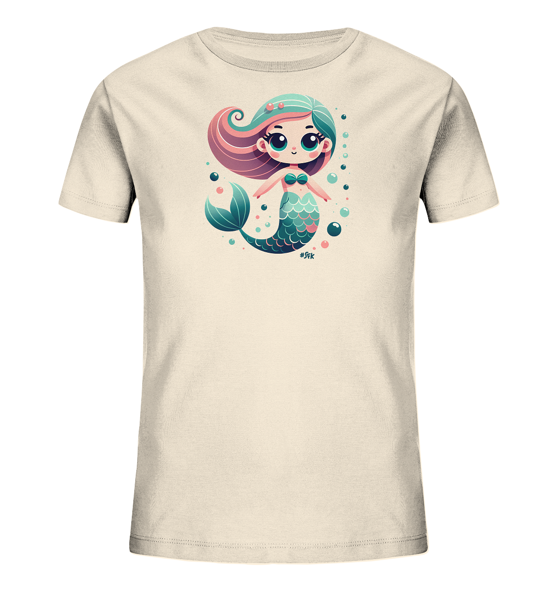 Onlineshop Shirts fuer Kinder - Das Bild zeigt ein cremefarbenes Kinder-T-Shirt. Darauf ist eine niedliche Cartoon-Meerjungfrau abgebildet. Sie hat pinkes und tuerkises Haar, eine tuerkise Flosse und schwimmt inmitten von Blasen. Das Design wirkt froehlich und verspielt.