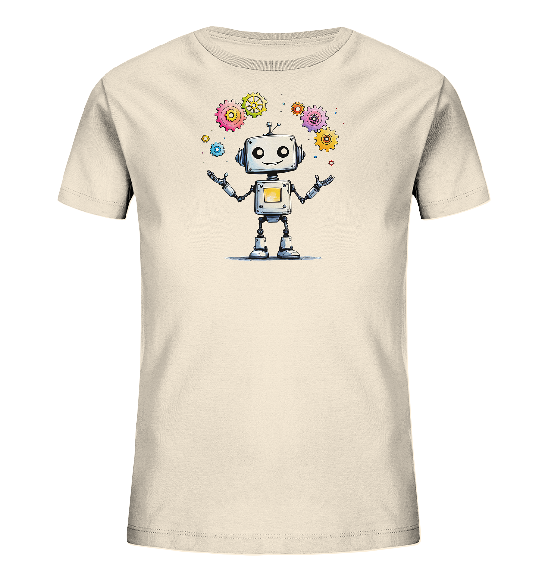 Onlineshop Shirts für Kinder - Das Bild zeigt ein helles, cremefarbenes Kinder-T-Shirt mit einem farbenfrohen Druck auf der Vorderseite. Das Design zeigt einen freundlich lächelnden Cartoon-Roboter mit ausgestreckten Armen. Um den Kopf und die Hände des Roboters schweben mehrere bunte Zahnräder in verschiedenen Größen und Farben. Diese Darstellung verleiht dem Shirt einen spielerischen und technisch inspirierten Look, der für Kinder ansprechend ist.