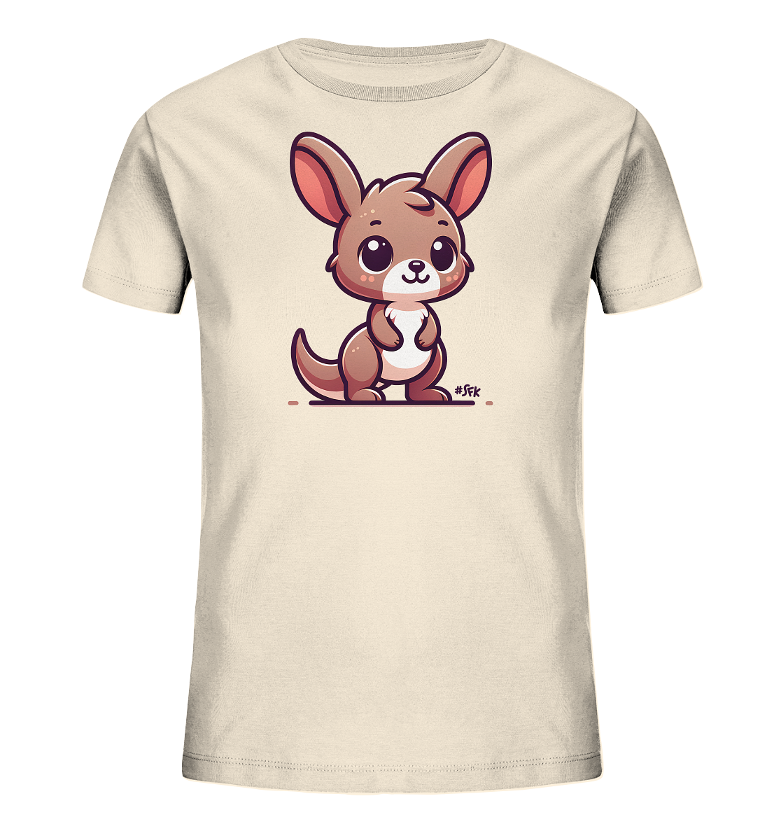 Onlineshop Shirts fuer Kinder - Ein hellbeiges Kinder T-Shirt mit einem suessen, cartoonartigen Kaenguru-Motiv. Das Kaenguru hat grosse, ausdrucksstarke Augen und sitzt aufrecht.