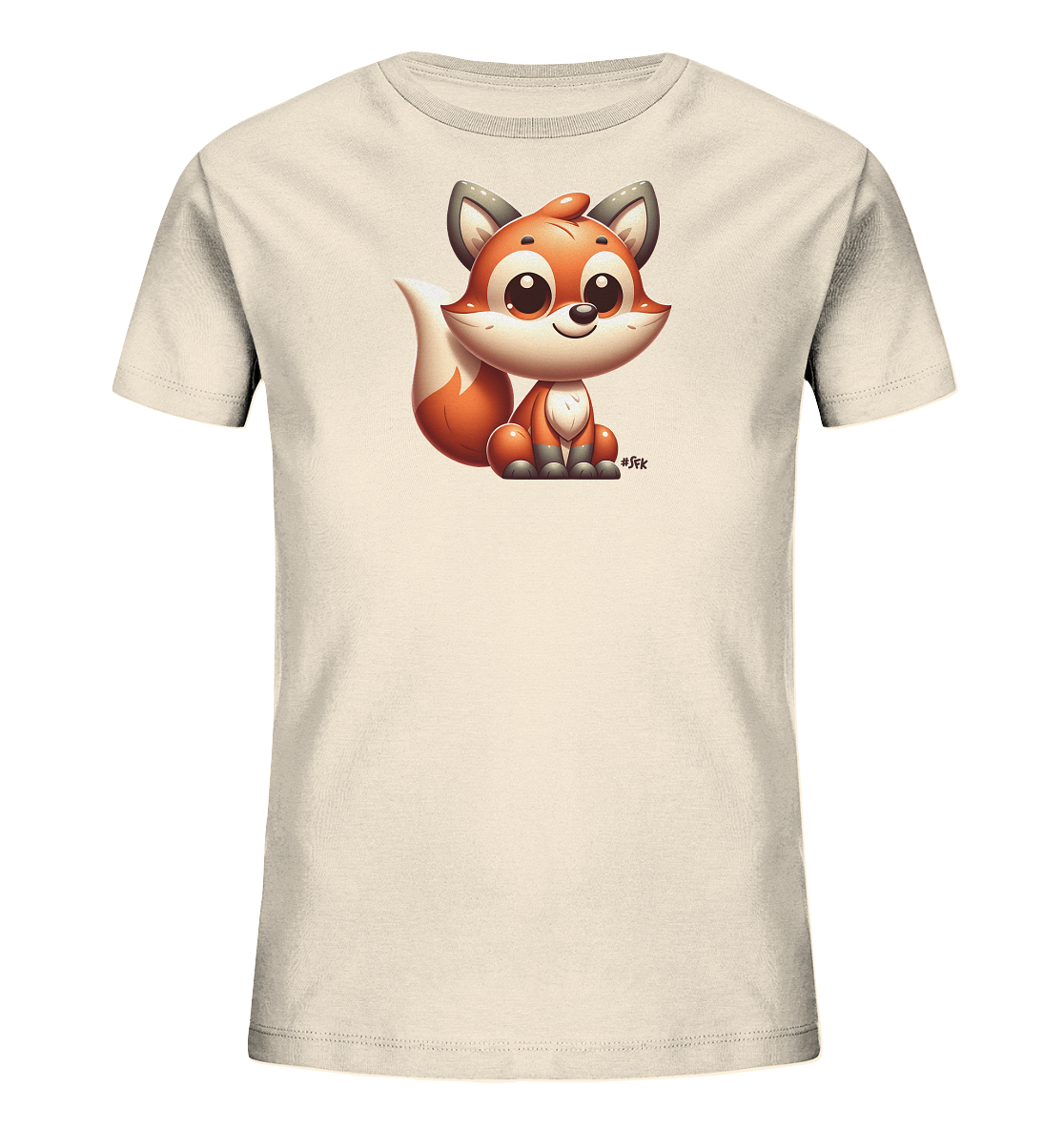 Onlineshop Shirts fuer Kinder - Das Bild zeigt ein helles Kinder-T-Shirt mit einem niedlichen Cartoon-Fuchs auf der Vorderseite. Der Fuchs sitzt aufrecht und laechelt mit grossen Augen und einem buschigen Schwanz. Die Illustration ist in warmen Orange-, Weiss- und Grautoenen gehalten. Dieses Motiv verleiht dem Shirt einen verspielten Look, der gut fuer Kinder geeignet ist.