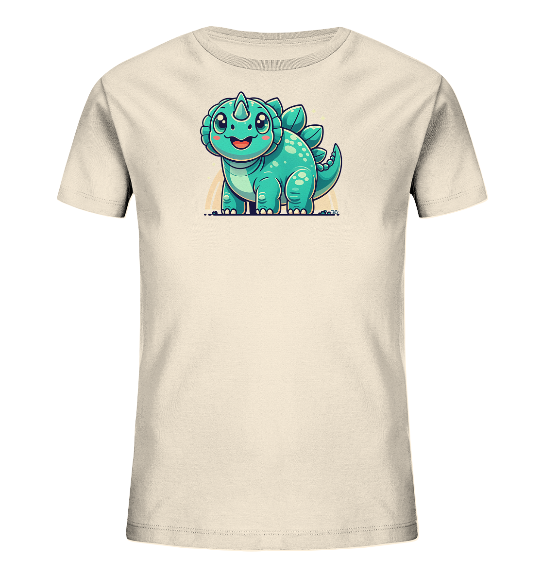 Onlineshop Shirts fuer Kinder - Dieses T-Shirt in hellem Beige zeigt eine niedliche Illustration eines laechelnden, tuerkisfarbenen Dinosauriers. Der Cartoon-Dino hat grosse Augen, Stacheln auf dem Ruecken und wirkt sehr freundlich. Eine leichte Aura oder Glanz umgibt die Figur, was das Design hervorhebt.