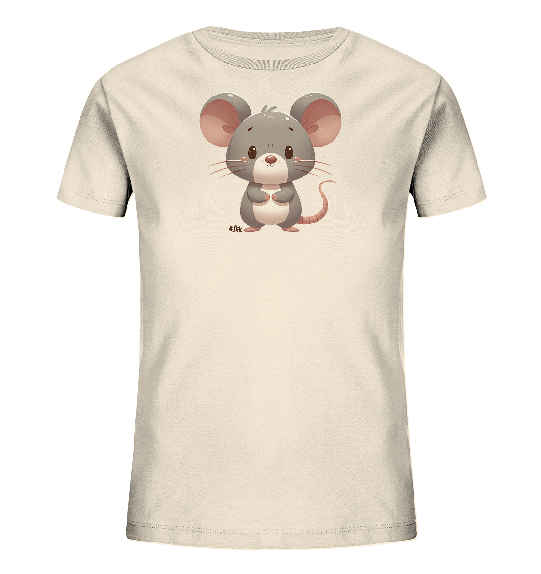 Onlineshop Shirts fuer Kinder - Dieses T-Shirt in einem hellen Beigeton zeigt eine entzueckende Comic-Maus auf der Vorderseite. Die Maus ist grau mit rosa Ohren und Nase dargestellt, hat grosse Augen und einen freundlichen Ausdruck. Sie steht aufrecht und haelt ihre kleinen Pfoten vor sich. Das Design ist verspielt und kindgerecht.