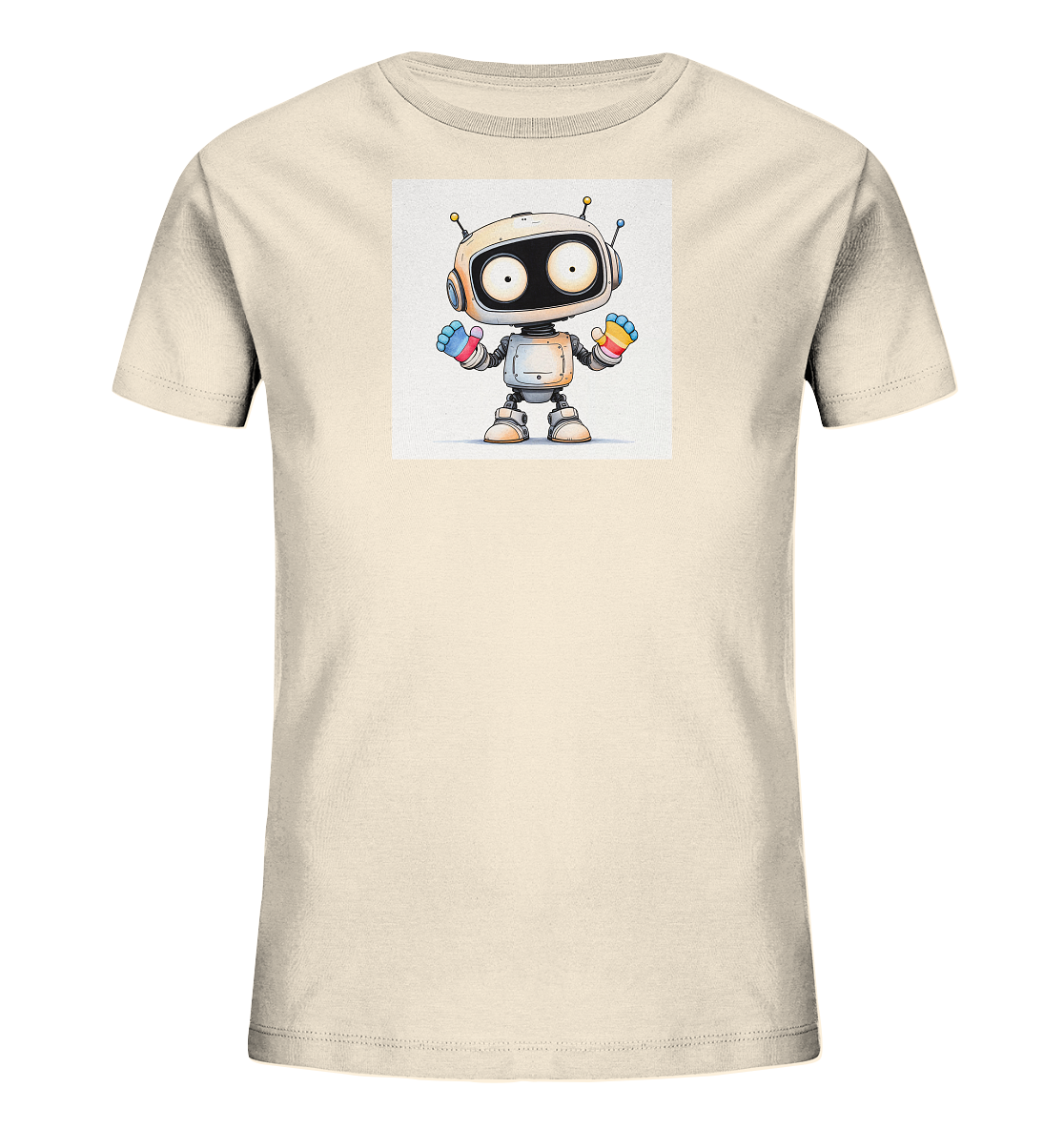 Onlineshop Shirts für Kinder - Das Bild zeigt ein hellbeiges Kinder-T-Shirt mit einem zentralen Aufdruck eines kleinen, cartoonartigen Roboters. Der Roboter ist überwiegend weiß gehalten und hat große schwarze Augen sowie zwei Antennen mit gelben Spitzen. Seine Hände sind als bunte Fäustlinge in den Farben Blau, Rot und Gelb gestaltet. Der Roboter steht frontal zur Ansicht und vermittelt einen freundlichen Eindruck.