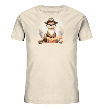 Onlineshop Shirts fuer Kinder - Das hellbeige T-Shirt praesentiert ein charmantes Motiv eines Otters. Der Otter traegt einen Piratenhut und sitzt hinter einer rosafarbenen Schatzkiste. Um die Kiste herum sind bunte Eier platziert. Das Design zeigt den Otter vor einem hellen Kreis im Hintergrund.