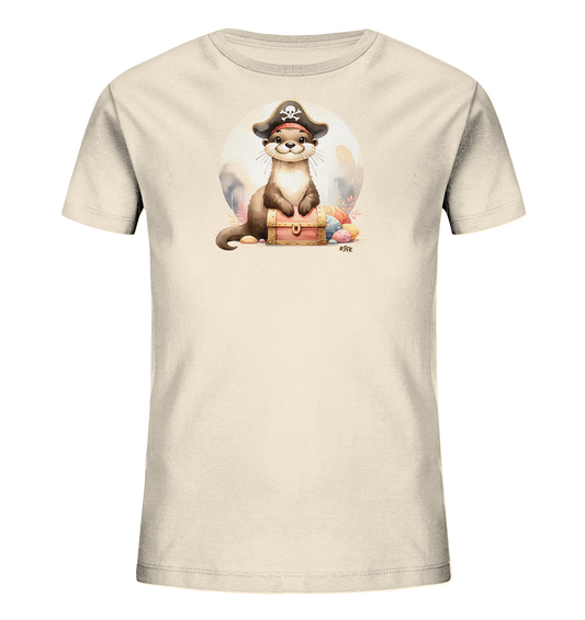 Onlineshop Shirts fuer Kinder - Das hellbeige T-Shirt praesentiert ein charmantes Motiv eines Otters. Der Otter traegt einen Piratenhut und sitzt hinter einer rosafarbenen Schatzkiste. Um die Kiste herum sind bunte Eier platziert. Das Design zeigt den Otter vor einem hellen Kreis im Hintergrund.