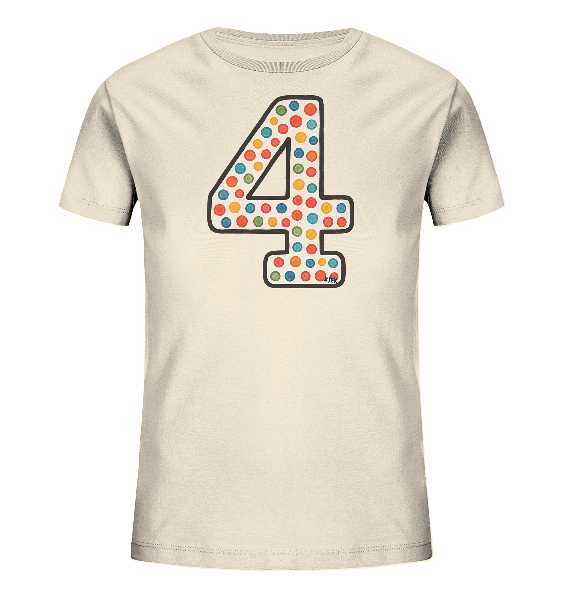Onlineshop Shirts fuer Kinder - Das Bild zeigt ein cremefarbenes T-Shirt fuer Kinder. Auf der Vorderseite ist die grosse Zahl "4" als Hauptmotiv abgebildet. Die Zahl ist mit einem dunklen Rand versehen und innen mit einem Muster aus verschiedenfarbigen Punkten gefuellt. Die Punkte haben unterschiedliche Groessen und Farben wie Rot, Blau, Gruen, Gelb und Orange, was dem Design ein lebendiges Aussehen verleiht.