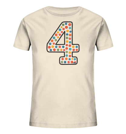 Kinder T-Shirt mit großer Zahl 4, bunten Punkten und dunkler Umrandung