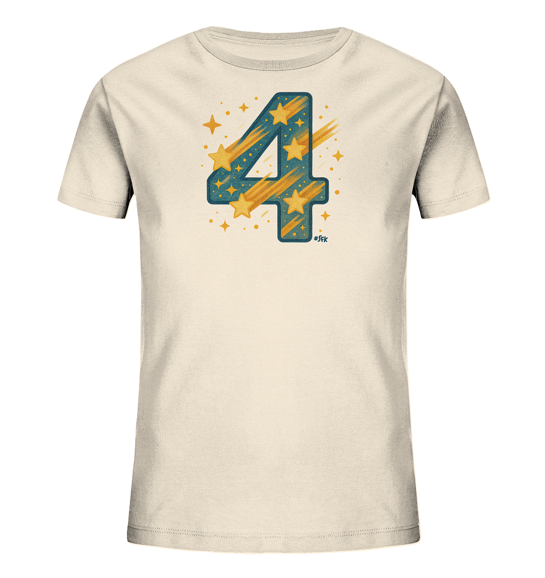 Onlineshop Shirts fuer Kinder - Das Bild zeigt ein cremefarbenes T-Shirt mit einem grossen Aufdruck der Zahl Vier. Die Zahl ist in einem Blauton gehalten und mit gelben Sternen sowie Schuessen gestaltet. Um die Zahl herum sind weitere Sterne und kleine Punkte verteilt, was ein dynamisches Design ergibt. Dieses Shirt ist ein Blickfang mit seinem verspielten Sternenmotiv.