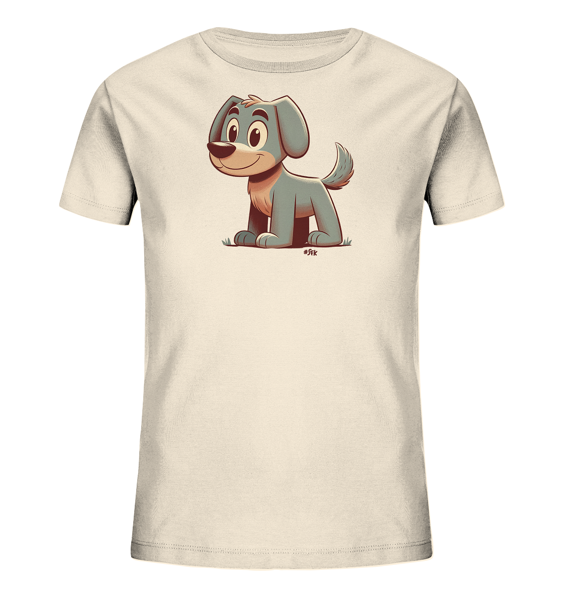 Onlineshop Shirts fuer Kinder - Das Bild zeigt ein hellbeiges Kinder-T-Shirt. Darauf ist ein freundlicher Cartoon-Hund abgebildet. Der Hund hat graues Fell, grosse Augen und sitzt laechelnd auf einer gruenen Wiese.