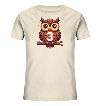 Kinder T-Shirt mit Cartoon-Eule auf Ast, großen Augen und Zahl 3