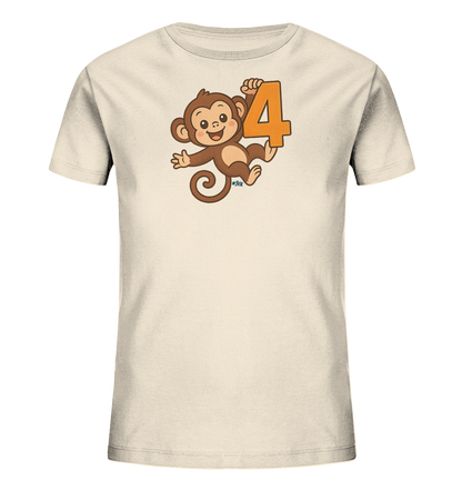 Onlineshop Shirts fuer Kinder - Das Bild zeigt ein hellbeiges Kinder-T-Shirt mit einem suessen Affenmotiv. Der cartoonhafte Affe haelt die orangefarbene Zahl '4' in seinen Haenden. Dieses froehliche und verspielte Design ist ideal fuer Kinder. Das Shirt ist auf einem neutralen Hintergrund abgebildet.