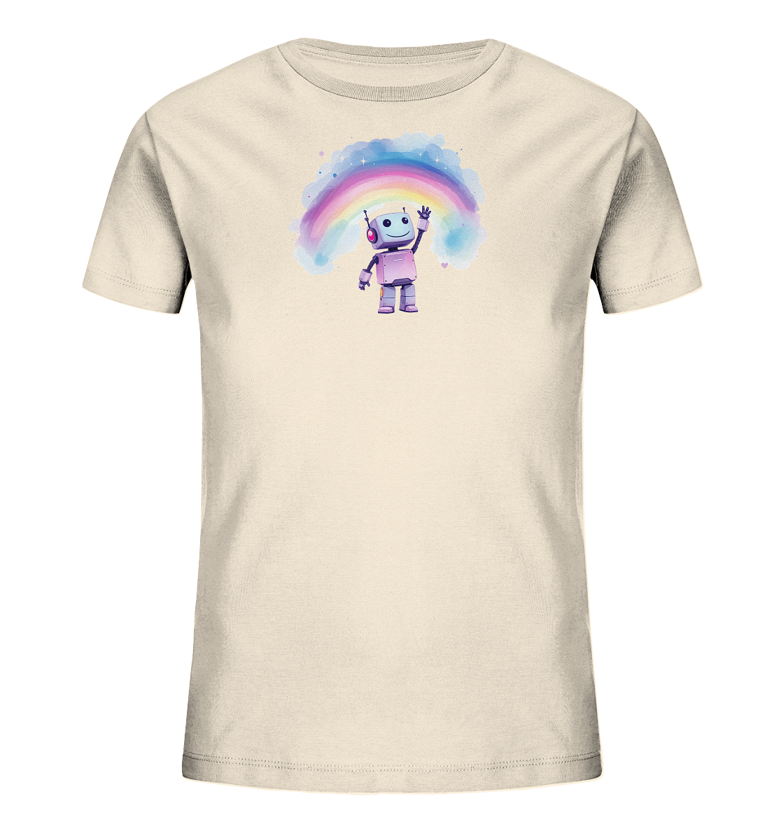 Onlineshop Shirts für Kinder - Das Bild zeigt ein cremefarbenes Kinder-T-Shirt mit einem farbenfrohen Druck auf der Vorderseite. Der Druck stellt einen niedlichen, lila Roboter dar, der lächelnd die Hand hebt und eine Antenne auf dem Kopf hat. Über dem Roboter ist ein bunter Regenbogen in Aquarell-Optik abgebildet, umgeben von kleinen Sternen und einem rosa Herz. Das Motiv verleiht dem Shirt einen fröhlichen und verspielten Charakter.
