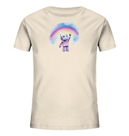 Onlineshop Shirts für Kinder - Das Bild zeigt ein cremefarbenes Kinder-T-Shirt mit einem farbenfrohen Druck auf der Vorderseite. Der Druck stellt einen niedlichen, lila Roboter dar, der lächelnd die Hand hebt und eine Antenne auf dem Kopf hat. Über dem Roboter ist ein bunter Regenbogen in Aquarell-Optik abgebildet, umgeben von kleinen Sternen und einem rosa Herz. Das Motiv verleiht dem Shirt einen fröhlichen und verspielten Charakter.