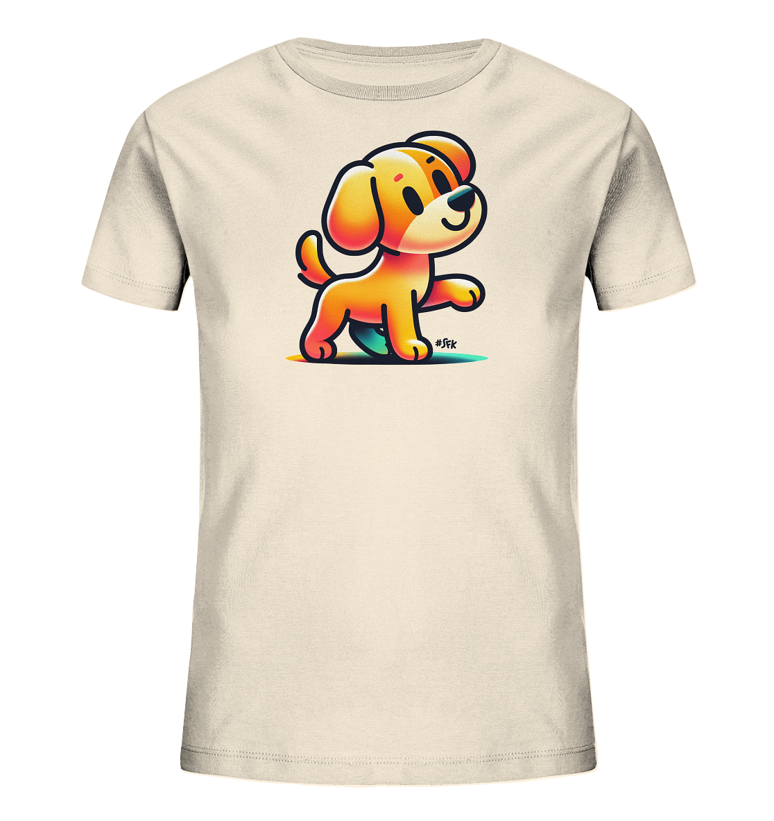 Onlineshop Shirts fuer Kinder - Das Bild zeigt ein beigefarbenes Kinder-T-Shirt mit einem farbenfrohen Cartoon-Motiv. Auf der Vorderseite ist ein niedlicher, gelb-oranger Hund abgebildet, der gerade einen Schritt macht und freundlich laechelt. Eine bunte, regenbogenartige Spur liegt unter dem Hund und verleiht dem Design eine verspielte Note.