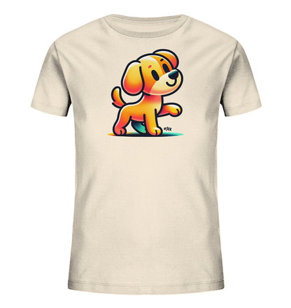 Kinder T-Shirt mit hellbraunem Cartoon-Hund, Lächeln und erhobener Pfote