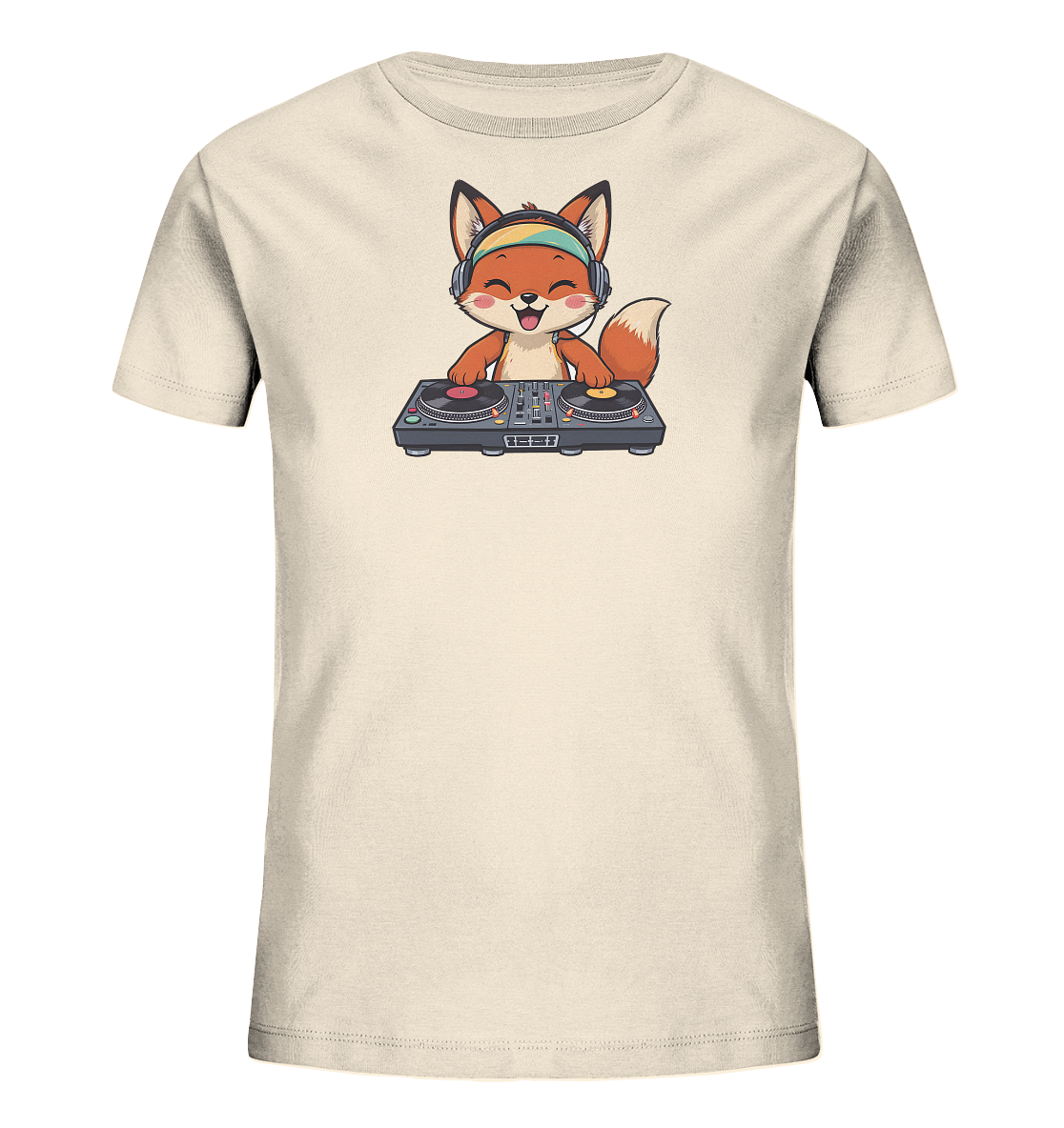 Kinder-T-Shirt mit DJ-Fuchs und Plattenspielern im Retro-Look.