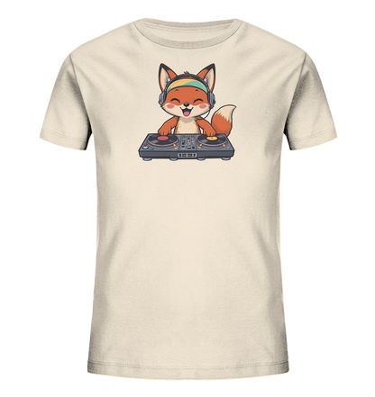 Kinder-T-Shirt mit DJ-Fuchs und Plattenspielern im Retro-Look.