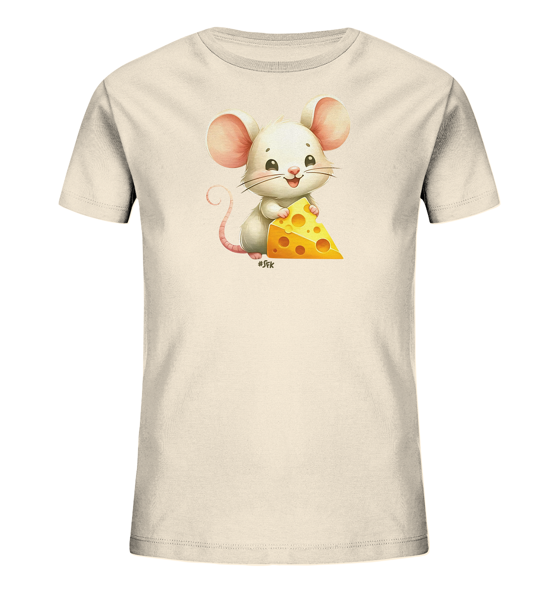 Onlineshop Shirts fuer Kinder - Das Bild zeigt ein hellbeiges Kinder T-Shirt mit einem niedlichen Motiv auf der Vorderseite. Eine weisse Cartoon-Maus mit rosafarbenen Ohren und Schwanz laechelt und haelt ein Stueck gelben Kaese mit Loechern. Das Design ist einfach und ansprechend fuer Kinder.