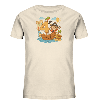 Onlineshop Shirts fuer Kinder - Das Bild zeigt ein beigefarbenes T-Shirt fuer Kinder. Darauf ist eine froehliche Piratenszene abgebildet, passend fuer den 4. Geburtstag. Ein kleiner Pirat segelt in einem Boot, begleitet von einer grossen '4', einem Papagei, einer Schatzkarte und einer Schatztruhe. Die Illustration ist farbenfroh und verspielt, mit Sonne, Wolken und einer kleinen Insel im Hintergrund.