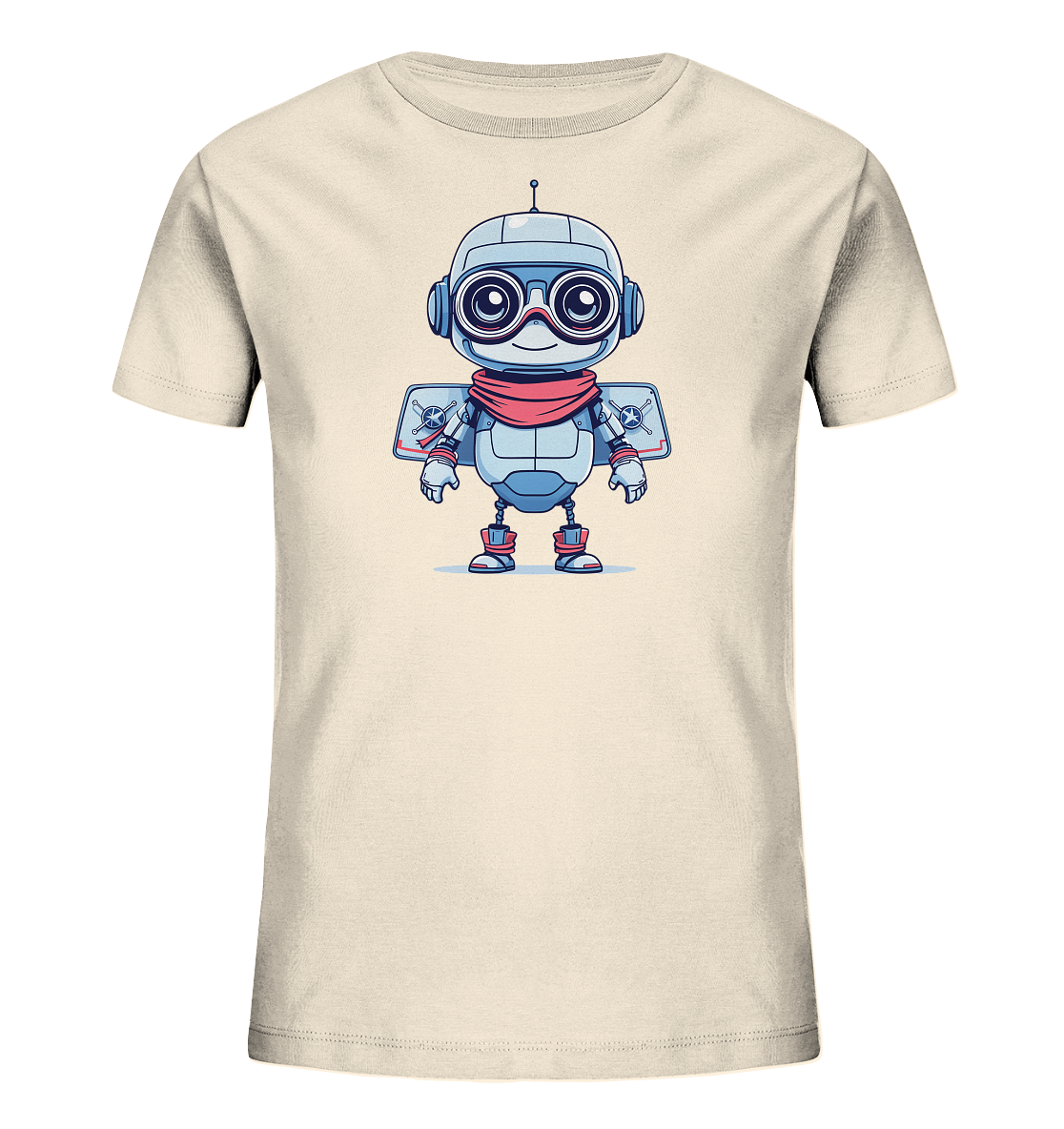 Onlineshop Shirts für Kinder - Das Bild zeigt ein helles, einfarbiges T-Shirt für Kinder. Auf der Vorderseite ist eine detaillierte Grafik eines freundlichen Roboters abgebildet. Der Roboter ist in Blautönen gehalten, trägt eine rote Halskrause, eine große Brille und hat flügelartige Aufsätze auf dem Rücken. Dieses Design verleiht dem Shirt einen verspielten und technologischen Look, ideal für kleine Fans von Robotern und Abenteuern.