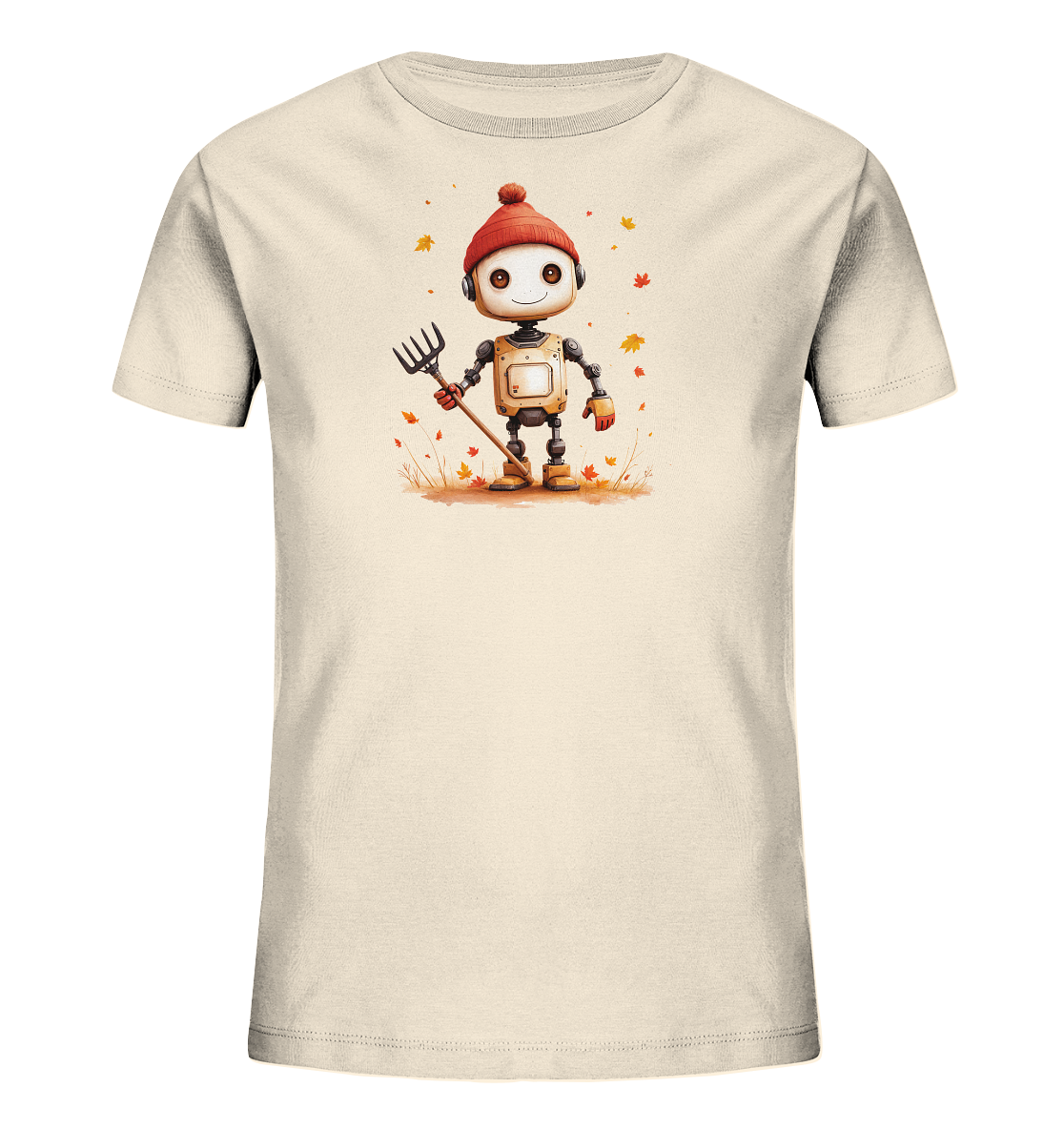 Onlineshop Shirts für Kinder - Das Bild zeigt ein beigefarbenes T-Shirt für Kinder. Auf der Vorderseite ist ein freundlicher, cartoonhafter Roboter abgebildet. Der Roboter trägt eine rote Pudelmütze, hält einen Rechen und steht in einer Szene mit herabfallenden Herbstblättern. Das Motiv hat eine warme Farbpalette und wirkt fröhlich und saisonal, passend für ein herbstliches Kinderdesign.