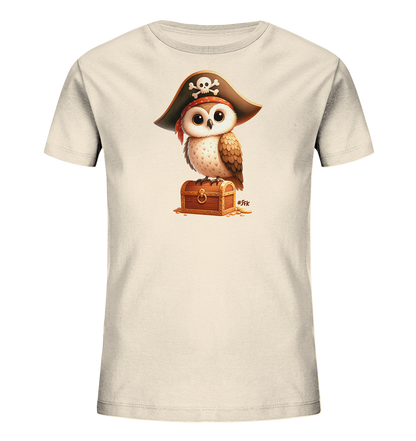 Onlineshop Shirts fuer Kinder - Dieses T-Shirt zeigt eine entzueckende Eule im Piraten-Look. Die kleine Eule traegt einen Piratenhut mit Totenkopf und sitzt auf einer hoelzernen Schatztruhe. Um die Truhe liegen goldene Muenzen verteilt, was dem Motiv einen abenteuerlichen Touch verleiht. Das Design ist detailreich und spricht Kinder an.
