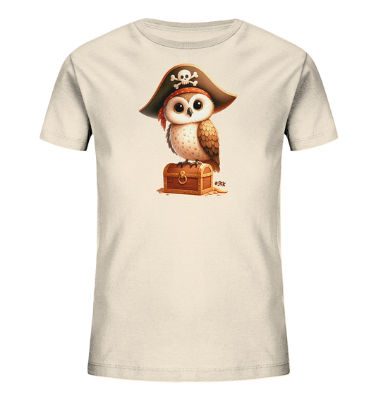 Onlineshop Shirts fuer Kinder - Dieses T-Shirt zeigt eine entzueckende Eule im Piraten-Look. Die kleine Eule traegt einen Piratenhut mit Totenkopf und sitzt auf einer hoelzernen Schatztruhe. Um die Truhe liegen goldene Muenzen verteilt, was dem Motiv einen abenteuerlichen Touch verleiht. Das Design ist detailreich und spricht Kinder an.