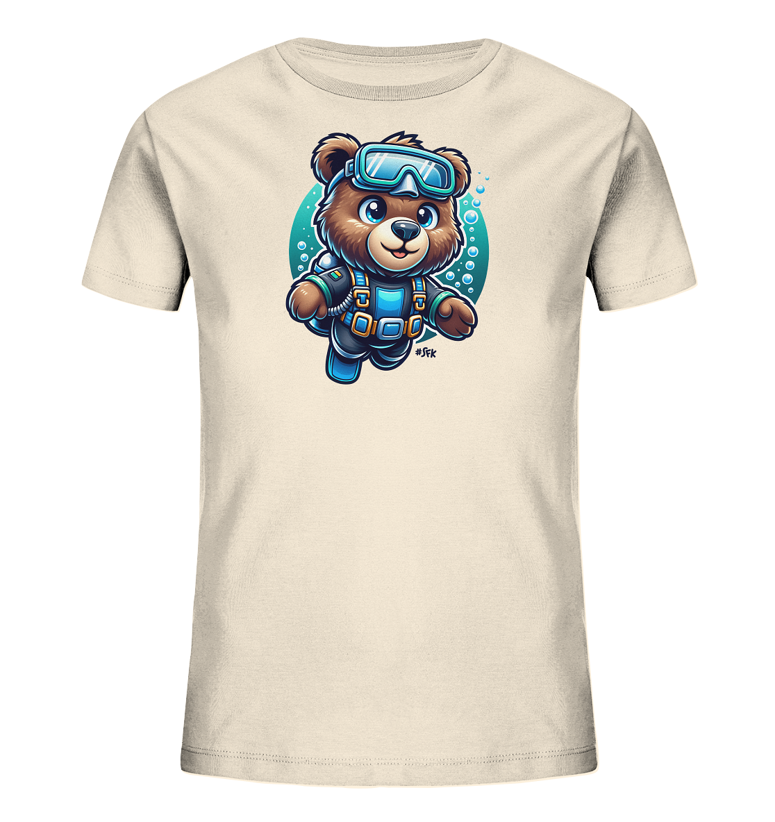 Onlineshop Shirts fuer Kinder - Das Bild zeigt ein hellbeiges Kinder-T-Shirt mit einem grossen, farbenfrohen Motiv auf der Vorderseite. Zu sehen ist ein freundlicher Cartoon-Baer in voller Tauchausruestung, schwimmend vor einem blauen Hintergrund mit Blasen. Das Design wirkt froehlich und abenteuerlich.