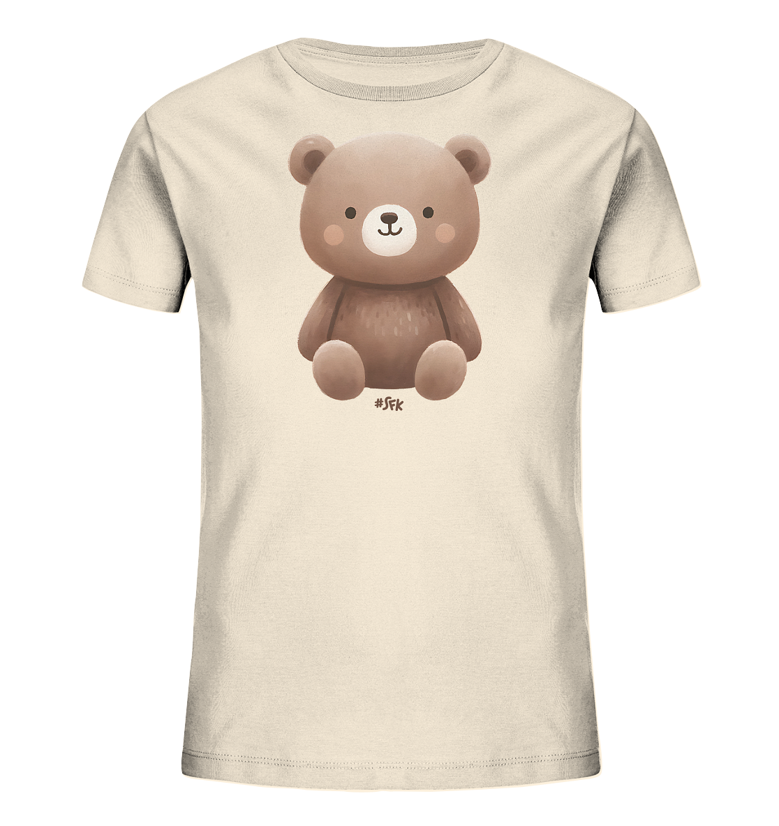 Onlineshop Shirts fuer Kinder - Das Bild zeigt ein hellbeiges T-Shirt mit einem suessen Baerenmotiv auf der Vorderseite. Der Baer ist in einem cartoonhaften Stil gezeichnet und hat braunes Fell, runde Ohren und rosige Wangen. Er sitzt aufrecht und schaut freundlich nach vorne. Das Design wirkt niedlich und kindgerecht.