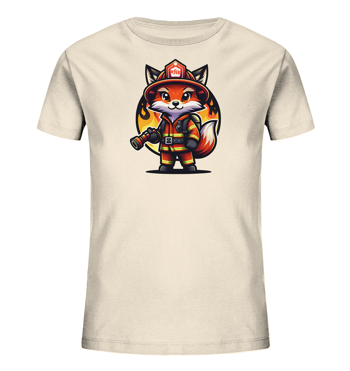 Onlineshop Shirts fuer Kinder - Dieses T-Shirt zeigt eine niedliche Illustration eines Fuchses, der als Feuerwehrmann gekleidet ist. Der Fuchs traegt einen roten Helm und eine orange-gelbe Uniform und haelt einen Feuerwehrschlauch in der Hand. Hinter dem Charakter ist eine stilisierte, runde Grafik in Gelb- und Rottoenen dargestellt, die an Flammen erinnert. Das Design ist farbenfroh und verspielt, ideal fuer Kinder.