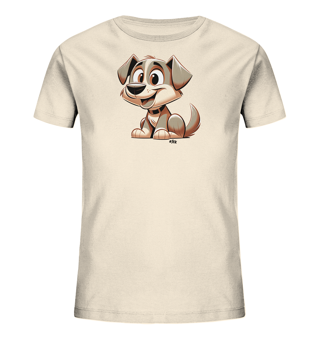 Onlineshop Shirts fuer Kinder - Das Bild zeigt ein cremefarbenes Kinder T-Shirt mit einem niedlichen Hunde Motiv auf der Vorderseite. Der Hund ist im freundlichen Cartoon-Stil gezeichnet und sitzt mit einem Laecheln. Die Grafik ist in verschiedenen Braun- und Grautoenen gehalten und verleiht dem Shirt einen verspielten Look.