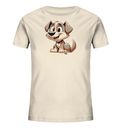 Onlineshop Shirts fuer Kinder - Das Bild zeigt ein cremefarbenes Kinder T-Shirt mit einem niedlichen Hunde Motiv auf der Vorderseite. Der Hund ist im freundlichen Cartoon-Stil gezeichnet und sitzt mit einem Laecheln. Die Grafik ist in verschiedenen Braun- und Grautoenen gehalten und verleiht dem Shirt einen verspielten Look.