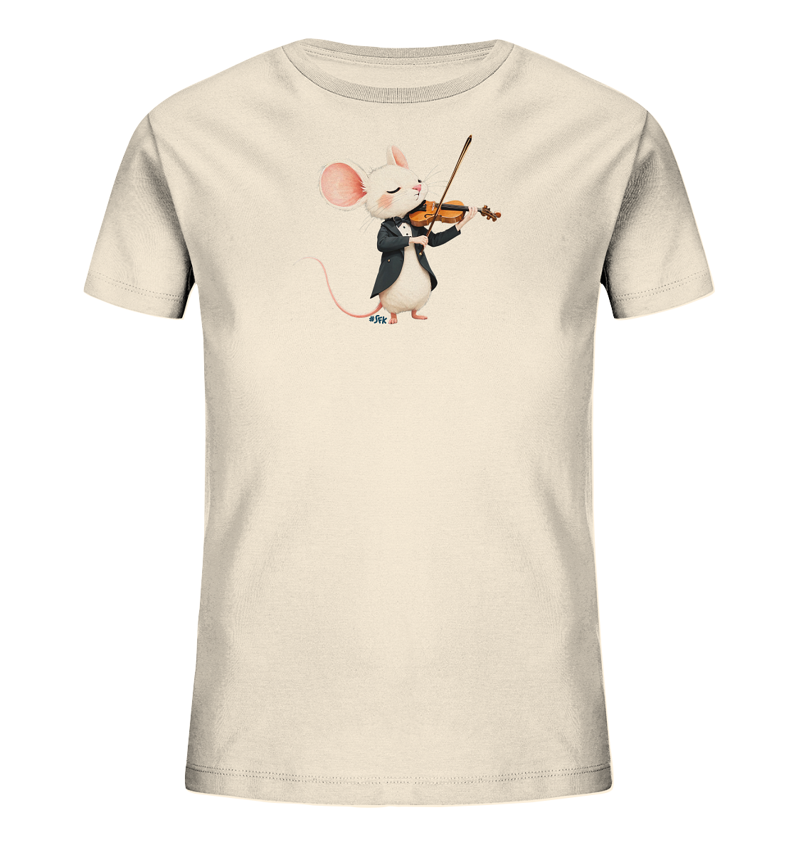 Onlineshop Shirts fuer Kinder - Das Bild zeigt ein hellcremefarbenes Kinder-T-Shirt. Auf der Vorderseite befindet sich eine charmante Illustration einer weissen Maus in einem eleganten dunklen Anzug. Die Maus ist dabei dargestellt, wie sie konzentriert eine braune Violine spielt. Dieses verspielte und kuenstlerische Motiv verleiht dem Shirt eine besondere Note.