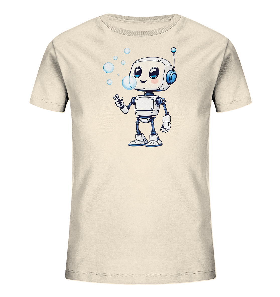 Onlineshop Shirts für Kinder - Das Bild zeigt ein hellbeiges Kinder-T-Shirt mit einem verspielten Aufdruck auf der Vorderseite. Zu sehen ist eine Illustration eines niedlichen Roboters im Cartoon-Stil. Der weiße Roboter mit blauen Akzenten bläst fröhlich mehrere Seifenblasen in die Luft. Die Grafik ist zentral auf dem Shirt platziert und verleiht ihm einen freundlichen und kindgerechten Look.