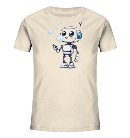 Onlineshop Shirts für Kinder - Das Bild zeigt ein hellbeiges Kinder-T-Shirt mit einem verspielten Aufdruck auf der Vorderseite. Zu sehen ist eine Illustration eines niedlichen Roboters im Cartoon-Stil. Der weiße Roboter mit blauen Akzenten bläst fröhlich mehrere Seifenblasen in die Luft. Die Grafik ist zentral auf dem Shirt platziert und verleiht ihm einen freundlichen und kindgerechten Look.