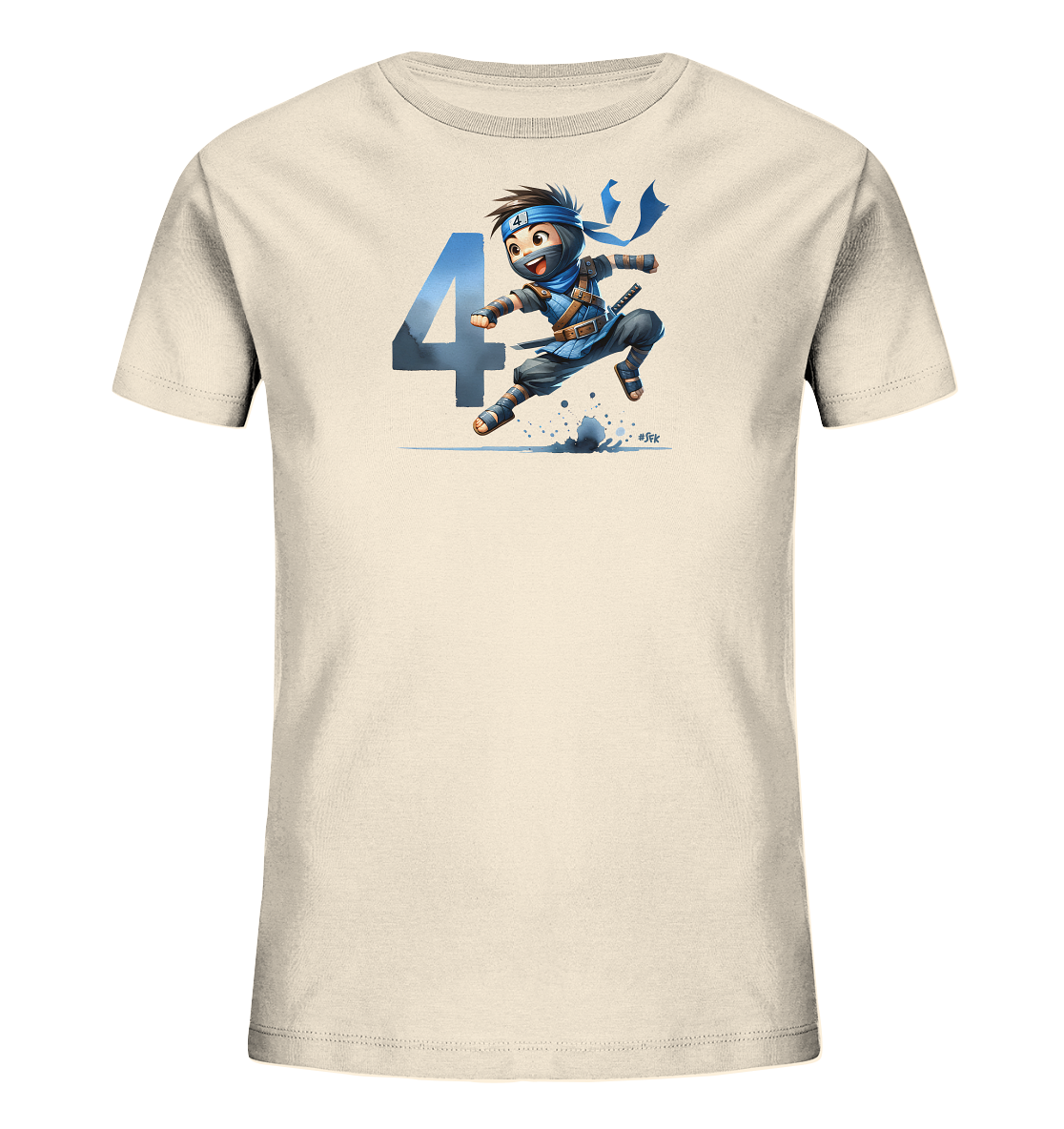 Onlineshop Shirts fuer Kinder - Das hellbeige T-Shirt zeigt eine dynamische Grafik eines springenden Cartoon-Ninjas in blauer Kleidung. Der Ninja ist in voller Aktion dargestellt, mit einem Schwert an der Seite und einem blauen Stirnband. Hinter der Figur befindet sich eine grosse, schattierte Zahl 4 in einem passenden Blauton. Das Design verleiht dem Shirt einen energiegeladenen und verspielten Look.