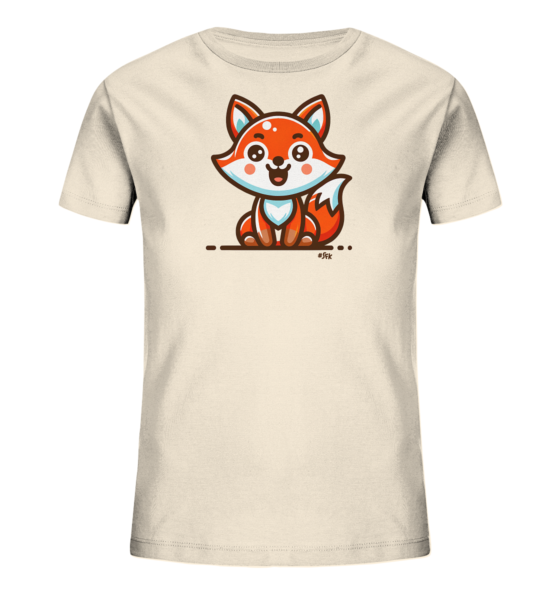 Onlineshop Shirts fuer Kinder - Das Bild zeigt ein helles T-Shirt fuer Kinder. Auf der Vorderseite ist eine Illustration eines sitzenden, laechelnden Fuchses zu sehen. Der Fuchs ist in den Farben Orange, Weiss und Blau gehalten und sitzt auf einer angedeuteten Linie. Das Design ist zentriert und wirkt freundlich.