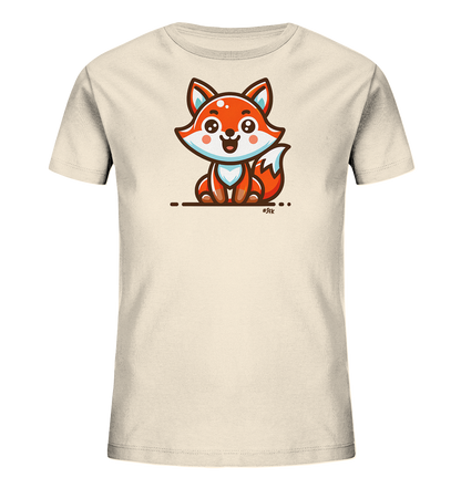 Onlineshop Shirts fuer Kinder - Das Bild zeigt ein helles T-Shirt fuer Kinder. Auf der Vorderseite ist eine Illustration eines sitzenden, laechelnden Fuchses zu sehen. Der Fuchs ist in den Farben Orange, Weiss und Blau gehalten und sitzt auf einer angedeuteten Linie. Das Design ist zentriert und wirkt freundlich.