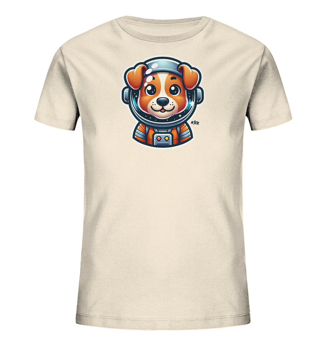 Onlineshop Shirts fuer Kinder - Das Bild zeigt ein hellbeige Kinder-T-Shirt mit einem auffaelligen Grafikdruck auf der Vorderseite. Das Motiv stellt einen niedlichen Cartoon-Hund in einem orangefarbenen Raumanzug dar, der einen Weltraumhelm traegt. Im Helm sind Sterne zu sehen, was dem Design eine galaktische Note verleiht. Der Hund blickt freundlich nach vorne.