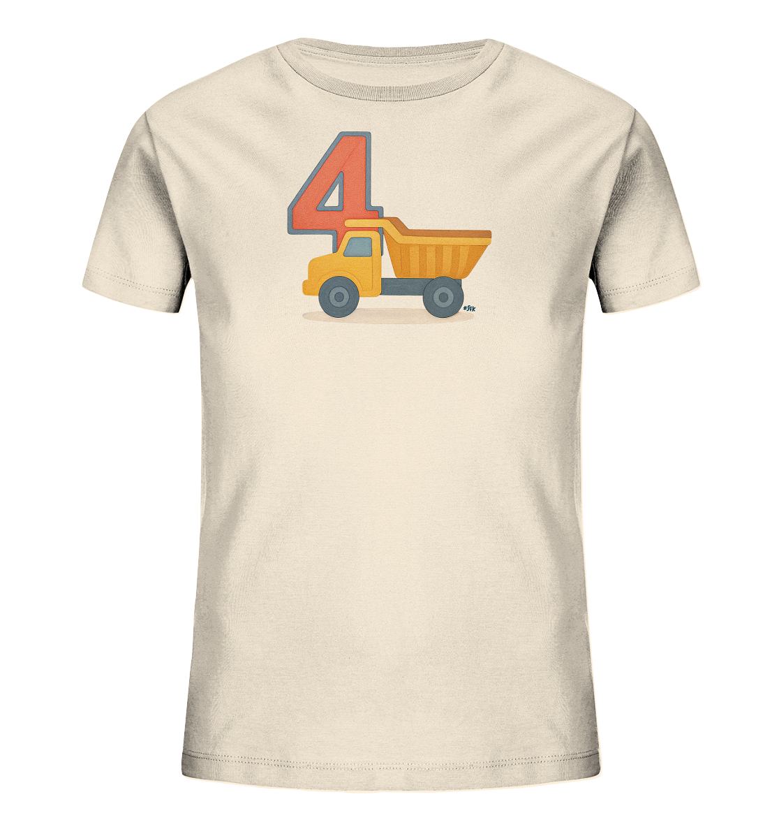 Onlineshop Shirts fuer Kinder - Dieses cremefarbene Kinder-T-Shirt zeigt ein farbenfrohes Motiv auf der Vorderseite. Ein gelber Kipplaster mit orangefarbener Ladeflaeche ist abgebildet. Links daneben steht die grosse rote Zahl 4 mit einem blauen Rand. Das Design ist verspielt und eignet sich gut fuer junge Kinder.